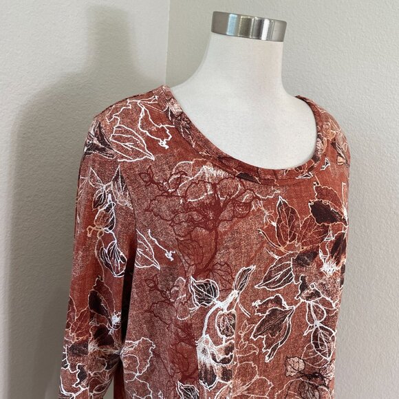 Susan Graver Weekend Plus 1X Rust Floral Long Sleeve Tunic Top Fall Color Shirt - Picture 2 of 11